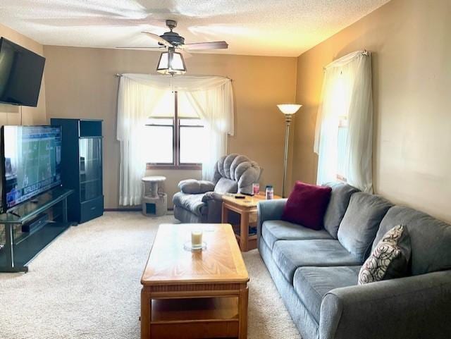 living area with carpet, a ceiling fan, and a textured ceiling