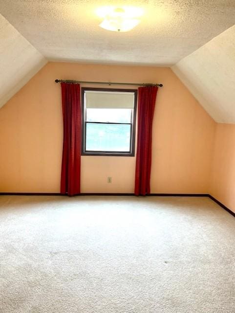 additional living space with vaulted ceiling, a textured ceiling, and light colored carpet