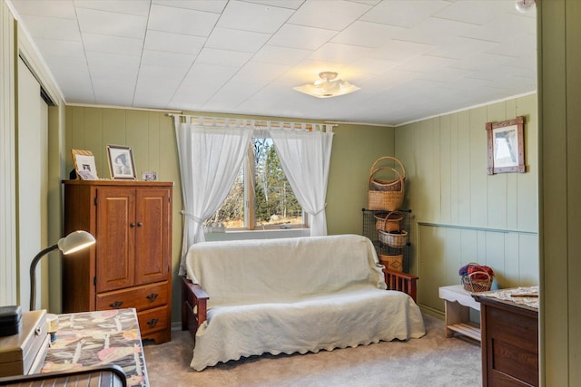 living area featuring carpet flooring and crown molding