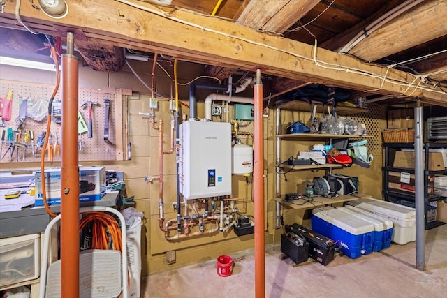 storage area with tankless water heater