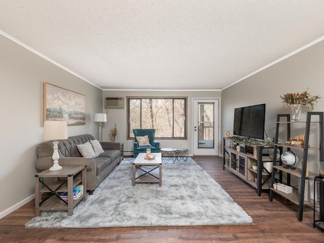 4001 Heritage Hills Dr Unit 105, Bloomington, MN 55437 - living area featuring wood finished floors, a textured ceiling, crown molding, and a wall unit AC