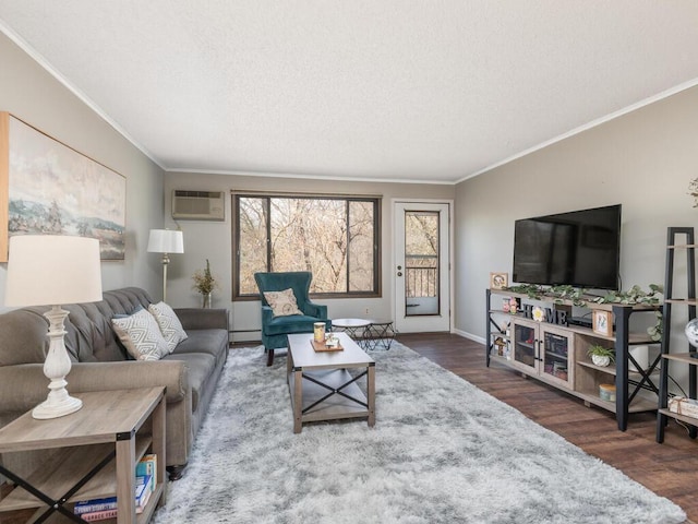 4001 Heritage Hills Dr Unit 105, Bloomington, MN 55437 - living room featuring a wall mounted air conditioner, crown molding, baseboard heating, and wood finished floors