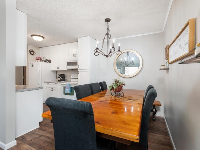 4001 Heritage Hills Dr Unit 105, Bloomington, MN 55437 - dining room with ornamental molding, dark wood-type flooring, baseboards, a textured ceiling, and a notable chandelier
