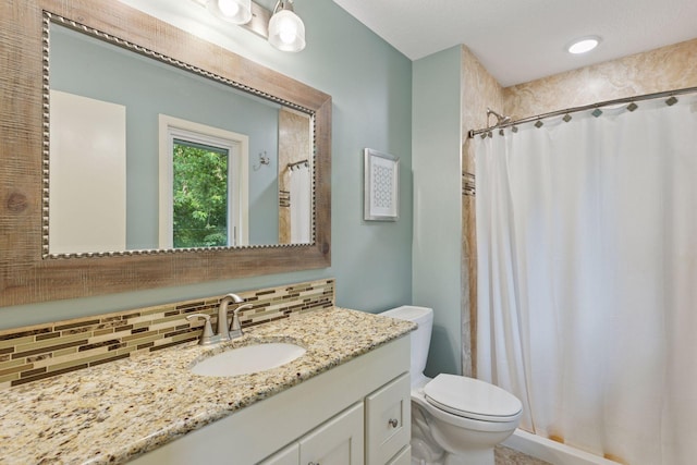 13982 Mount Ter, Minnetonka, MN 55345 - bathroom featuring backsplash, toilet, vanity, and a shower with curtain