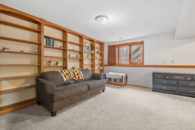 sitting room featuring baseboards, carpet flooring, and a textured ceiling