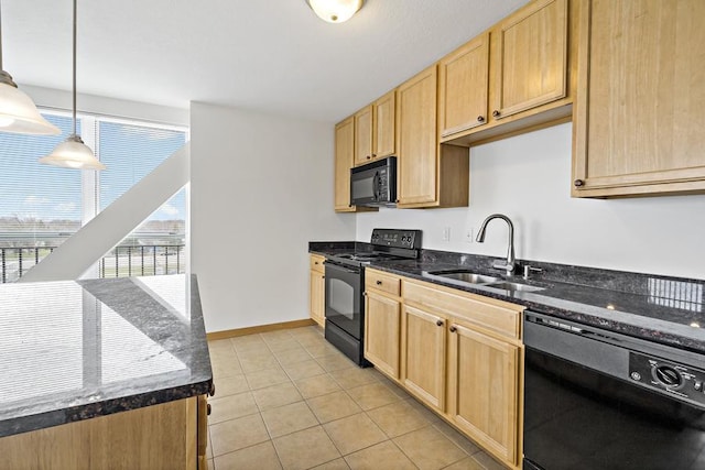 1502 5th St N Unit 401, Hopkins, MN 55305 - kitchen featuring a sink, light brown cabinets, dark stone countertops, light tile patterned floors, and black appliances