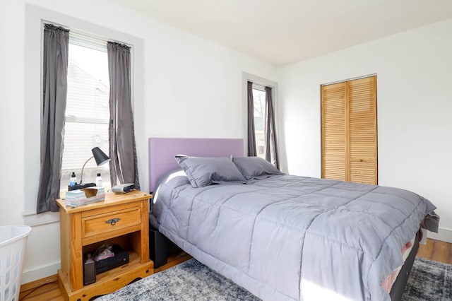 bedroom featuring baseboards, wood finished floors, multiple windows, and a closet