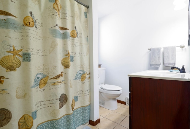 full bathroom featuring tile patterned floors, visible vents, toilet, vanity, and baseboards