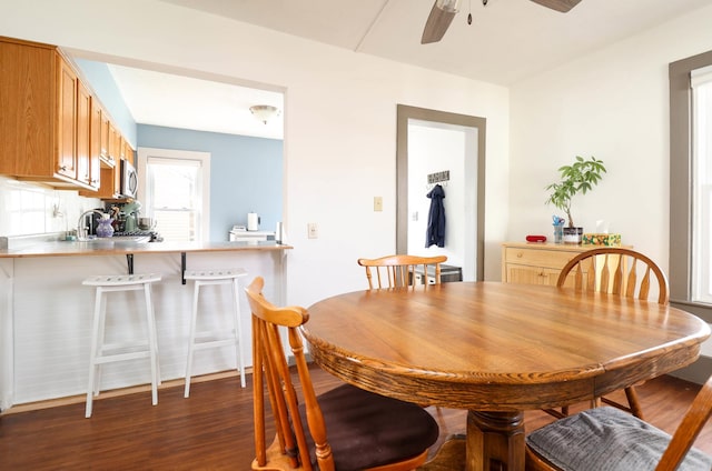 dining area with dark wood finished floors and a ceiling fan
