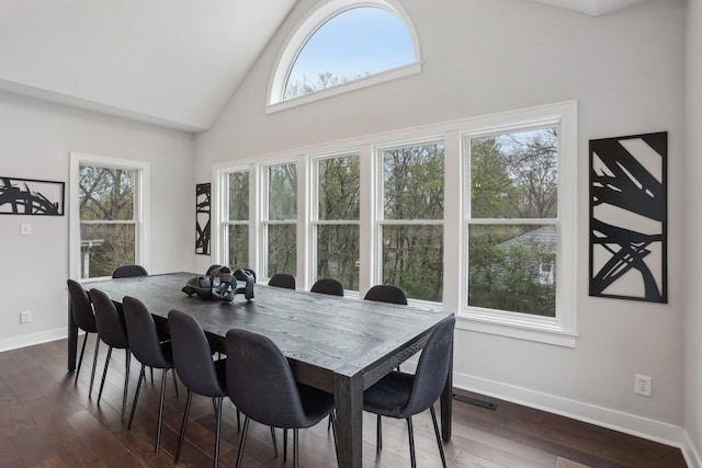 dining area featuring high vaulted ceiling, visible vents, baseboards, and dark wood-type flooring