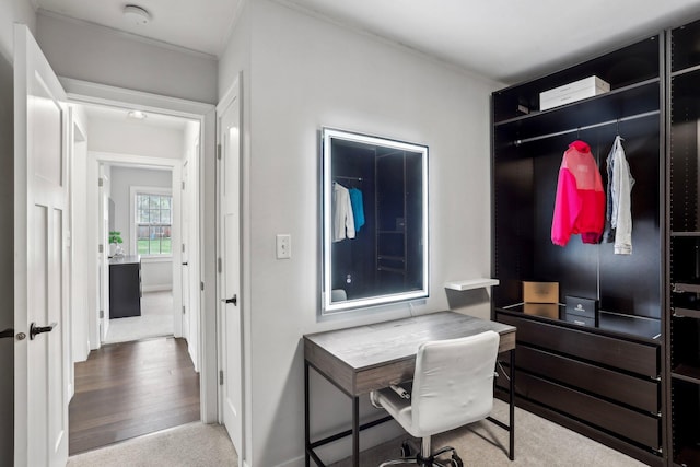 office space with carpet flooring, baseboards, and crown molding