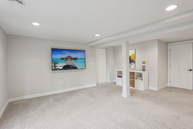 interior space featuring baseboards, recessed lighting, and light colored carpet