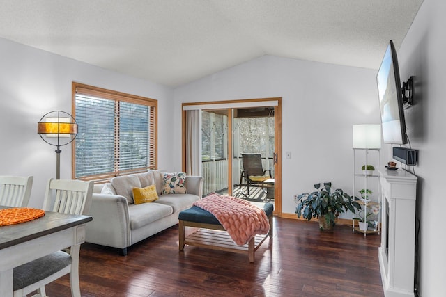 living room featuring wood-type flooring, vaulted ceiling, and baseboards
