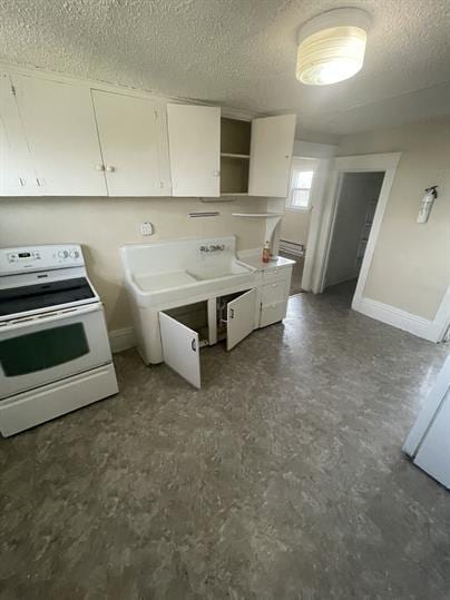 kitchen featuring white cabinets, open shelves, electric stove, baseboards, and a textured ceiling