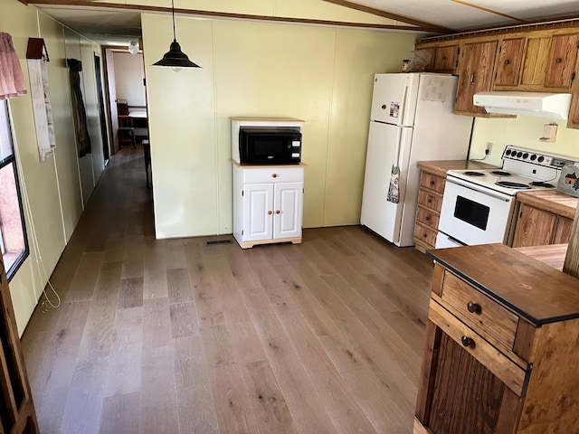 kitchen featuring white appliances, brown cabinets, light wood finished floors, exhaust hood, and decorative light fixtures