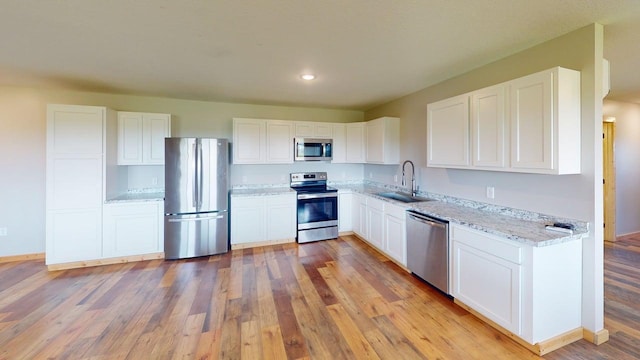 1950 228th Ln W, Mora, MN 55051 - kitchen featuring appliances with stainless steel finishes, a sink, white cabinets, light stone countertops, and recessed lighting