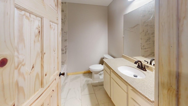 1950 228th Ln W, Mora, MN 55051 - full bath with vanity, toilet, marble look tile flooring, bathtub / shower combination, and baseboards
