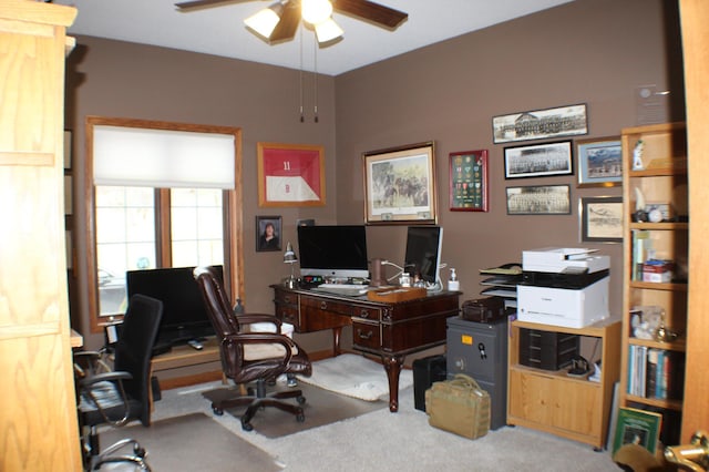 office area featuring ceiling fan and carpet