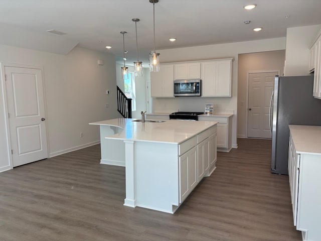1755 Hauer Trl, Shakopee, MN 55379 - kitchen with appliances with stainless steel finishes, a sink, an island with sink, wood finished floors, and recessed lighting