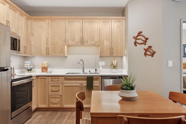 kitchen featuring light wood finished floors, a sink, appliances with stainless steel finishes, and light brown cabinets