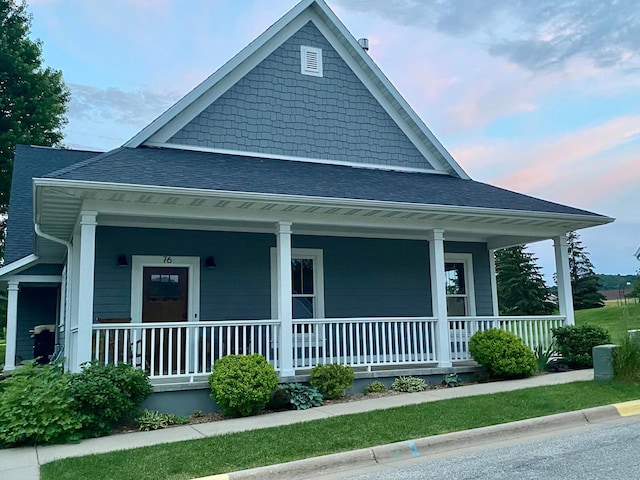 view of front of home featuring covered porch and roof with shingles