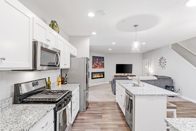 7371 Kalland Cir NE, Otsego, MN 55301 - kitchen featuring stainless steel appliances, a sink, open floor plan, a kitchen breakfast bar, and light wood-style floors