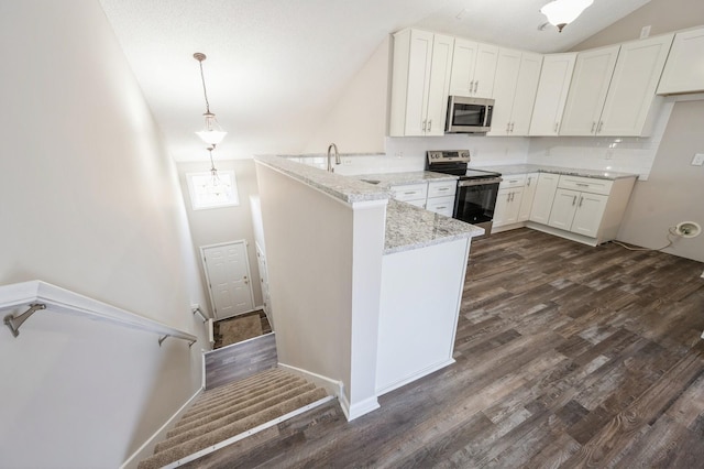 7615 Elm Grove Ave Unit 612, New Hope, MN 55428 - kitchen with a peninsula, dark wood finished floors, lofted ceiling, and appliances with stainless steel finishes