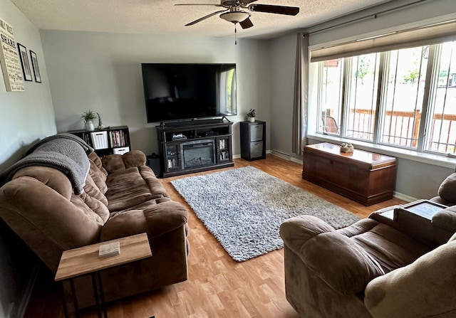 9808 Jenny Ln, Saint Wendel Twp, MN 56374 - living area featuring ceiling fan, plenty of natural light, a textured ceiling, wood finished floors, and baseboards