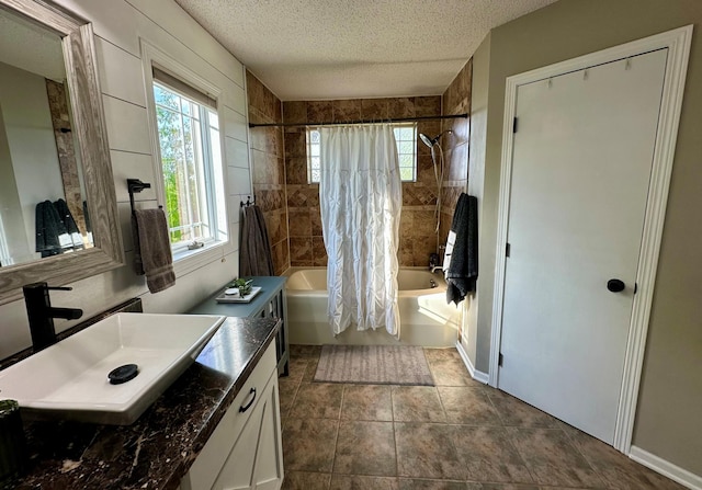 9808 Jenny Ln, Saint Wendel Twp, MN 56374 - full bathroom featuring vanity, a textured ceiling, and shower / bath combination with curtain