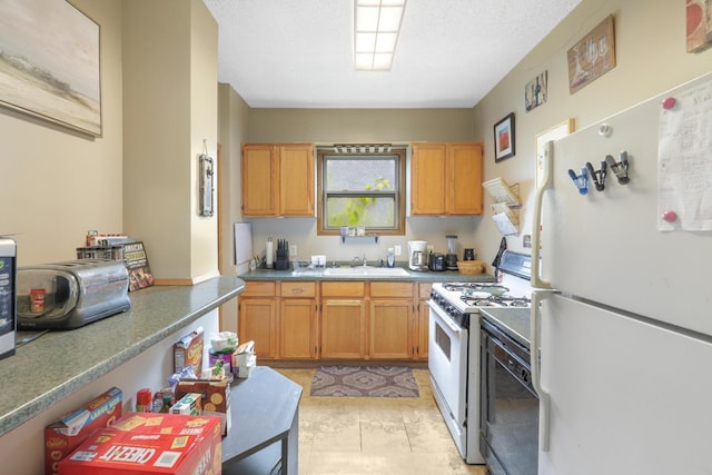850 22nd Ave SE, Minneapolis, MN 55414 - kitchen featuring brown cabinetry, light tile patterned flooring, a sink, and white appliances