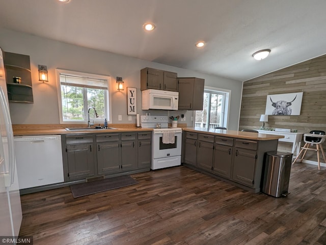 32255 County 21, Browerville, MN 56438 - kitchen with white appliances, a sink, gray cabinets, vaulted ceiling, and dark wood-style floors
