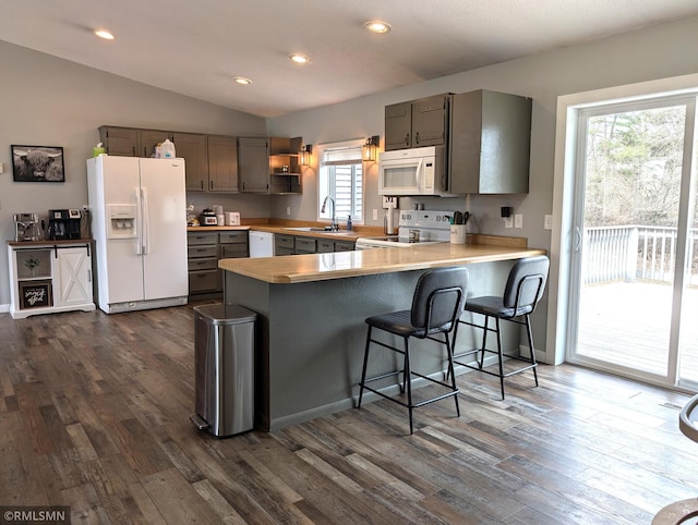 32255 County 21, Browerville, MN 56438 - kitchen featuring white appliances, a sink, dark wood-style flooring, a peninsula, and lofted ceiling