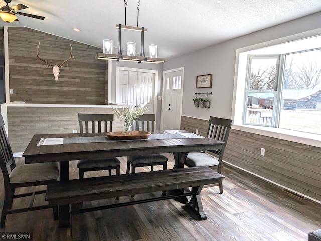 32255 County 21, Browerville, MN 56438 - dining space featuring wooden walls, lofted ceiling, wood finished floors, and a ceiling fan