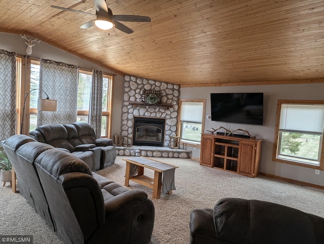 32255 County 21, Browerville, MN 56438 - living room featuring carpet, lofted ceiling, plenty of natural light, wooden ceiling, and ceiling fan