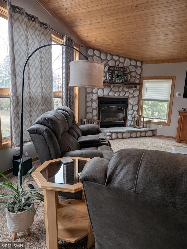 32255 County 21, Browerville, MN 56438 - carpeted living area featuring wood ceiling, a fireplace, baseboards, and lofted ceiling