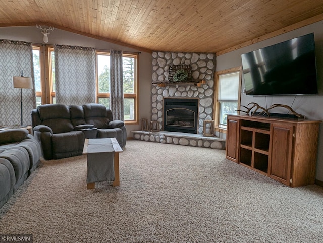 32255 County 21, Browerville, MN 56438 - living room featuring wood ceiling, carpet flooring, a fireplace, and lofted ceiling