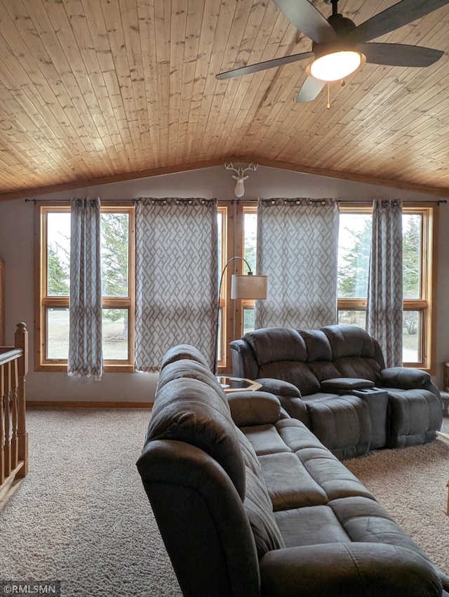 32255 County 21, Browerville, MN 56438 - living room featuring carpet flooring, lofted ceiling, wooden ceiling, and ceiling fan