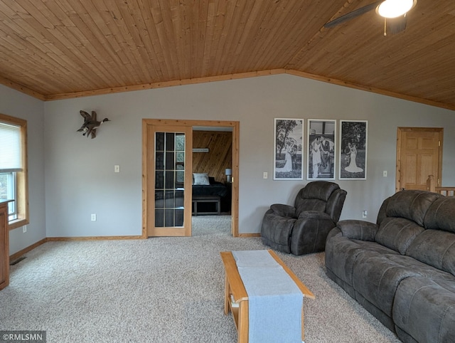 32255 County 21, Browerville, MN 56438 - carpeted living area with wood ceiling, ceiling fan, lofted ceiling, and baseboards