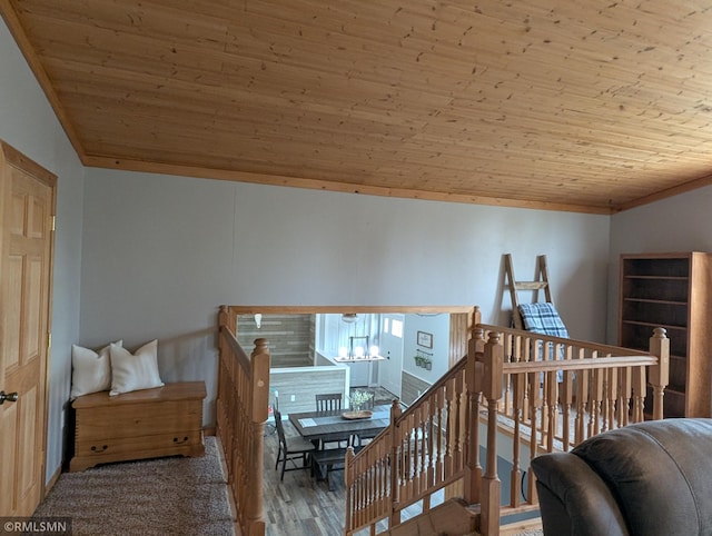 32255 County 21, Browerville, MN 56438 - sitting room with an upstairs landing, wooden ceiling, crown molding, wood finished floors, and lofted ceiling