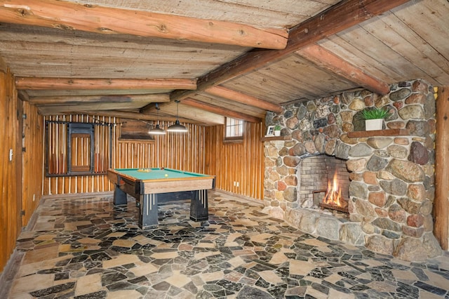 1647 26th St, Minneapolis, MN 55405 - playroom with stone flooring, billiards table, wooden walls, and wooden ceiling