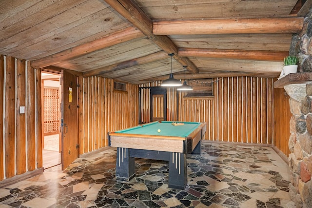 1647 26th St, Minneapolis, MN 55405 - recreation room featuring billiards, stone flooring, vaulted ceiling, and wood walls