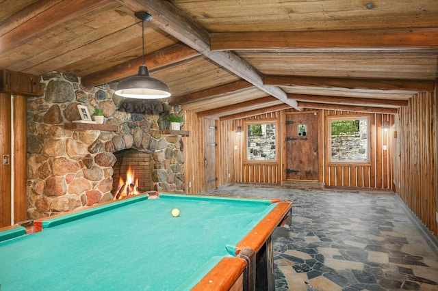 1647 26th St, Minneapolis, MN 55405 - recreation room with stone flooring, billiards table, and wooden ceiling