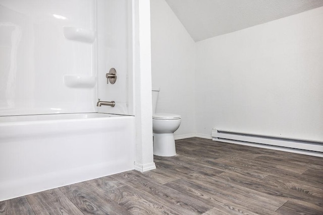 full bathroom with toilet, baseboards, lofted ceiling, wood finished floors, and a baseboard radiator