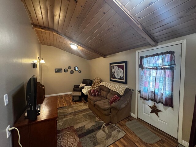 327 2nd St SW, Clara City, MN 56222 - living room featuring wooden ceiling, wood finished floors, and baseboards