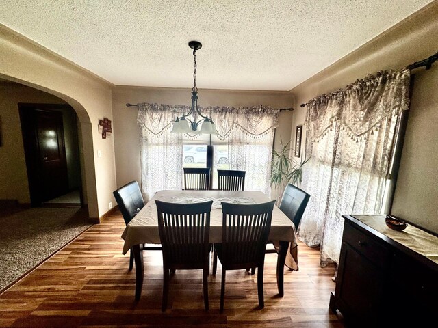 327 2nd St SW, Clara City, MN 56222 - dining area featuring wood finished floors, arched walkways, a textured ceiling, and a chandelier
