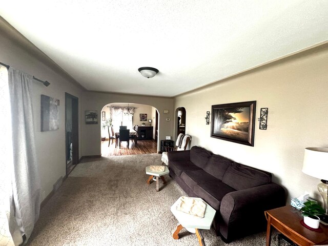 327 2nd St SW, Clara City, MN 56222 - living area with arched walkways, carpet flooring, and baseboards