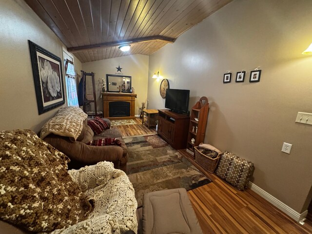 327 2nd St SW, Clara City, MN 56222 - living room with lofted ceiling, wood finished floors, wooden ceiling, a fireplace, and baseboards