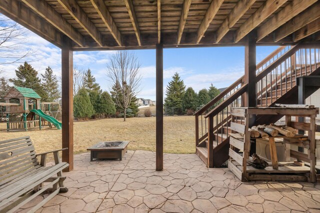 17639 Heidelberg Way, Lakeville, MN 55044 - view of patio with stairway, an outdoor fire pit, and a playground