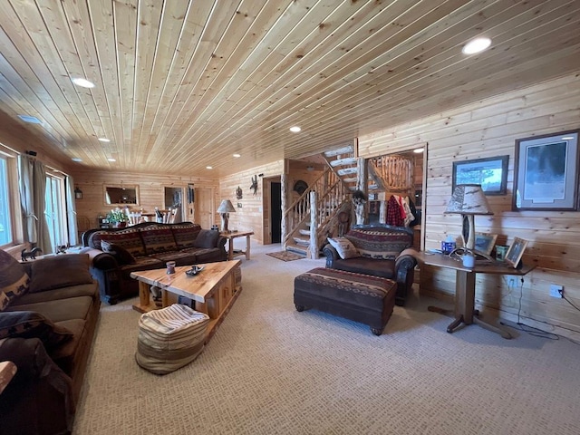 17999 Ivy Dr, Park Rapids, MN 56470 - carpeted living area featuring recessed lighting, wooden ceiling, stairs, and wooden walls