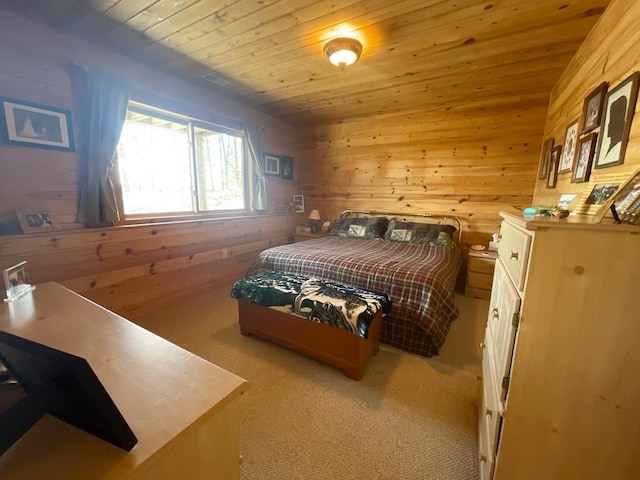 17999 Ivy Dr, Park Rapids, MN 56470 - bedroom with wood walls, wooden ceiling, and carpet floors
